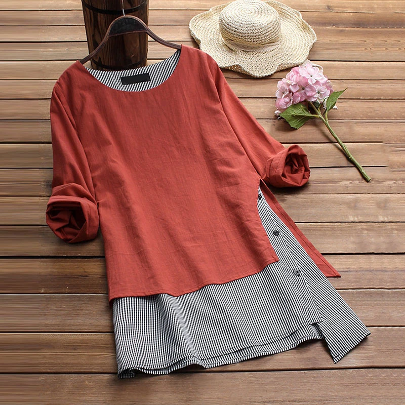 Женское Двухслойное свободное платье с круглым вырезом и длинными рукавами