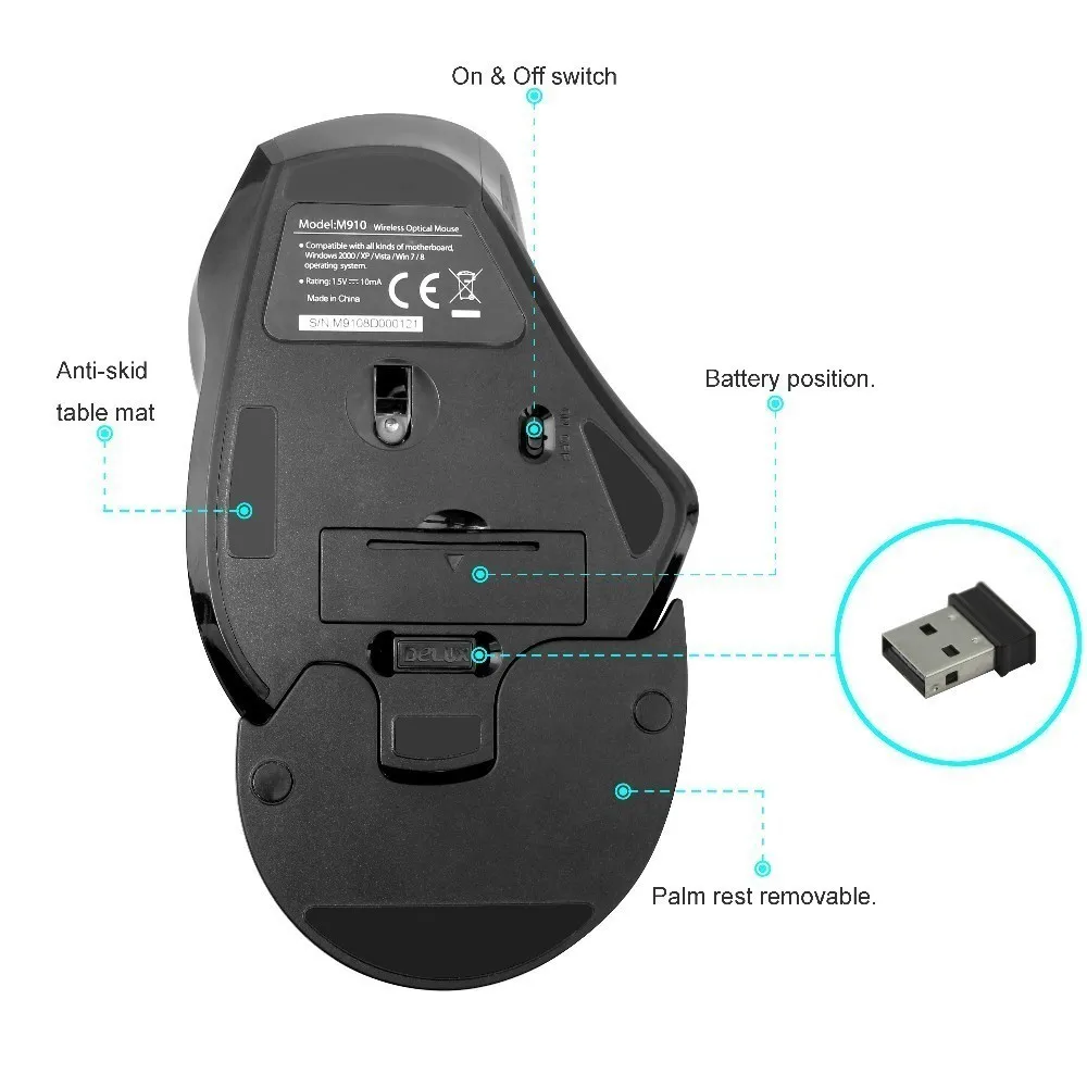 

Delux M910 Wireless Mouse Ergonomic Optical Vertical Mause 9 Button 2400 DPI USB Computer Mice For Overwatch Gamer Laptop PC