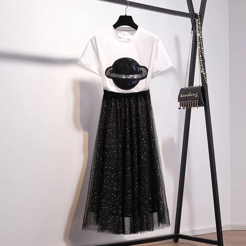 

ICHOIX Sequin 2 Pieces Sets Women Korean Style White t Shirt And Mesh Skirt 2 Pieces Outfits Pleated Long Skirt Sets Summer 2019