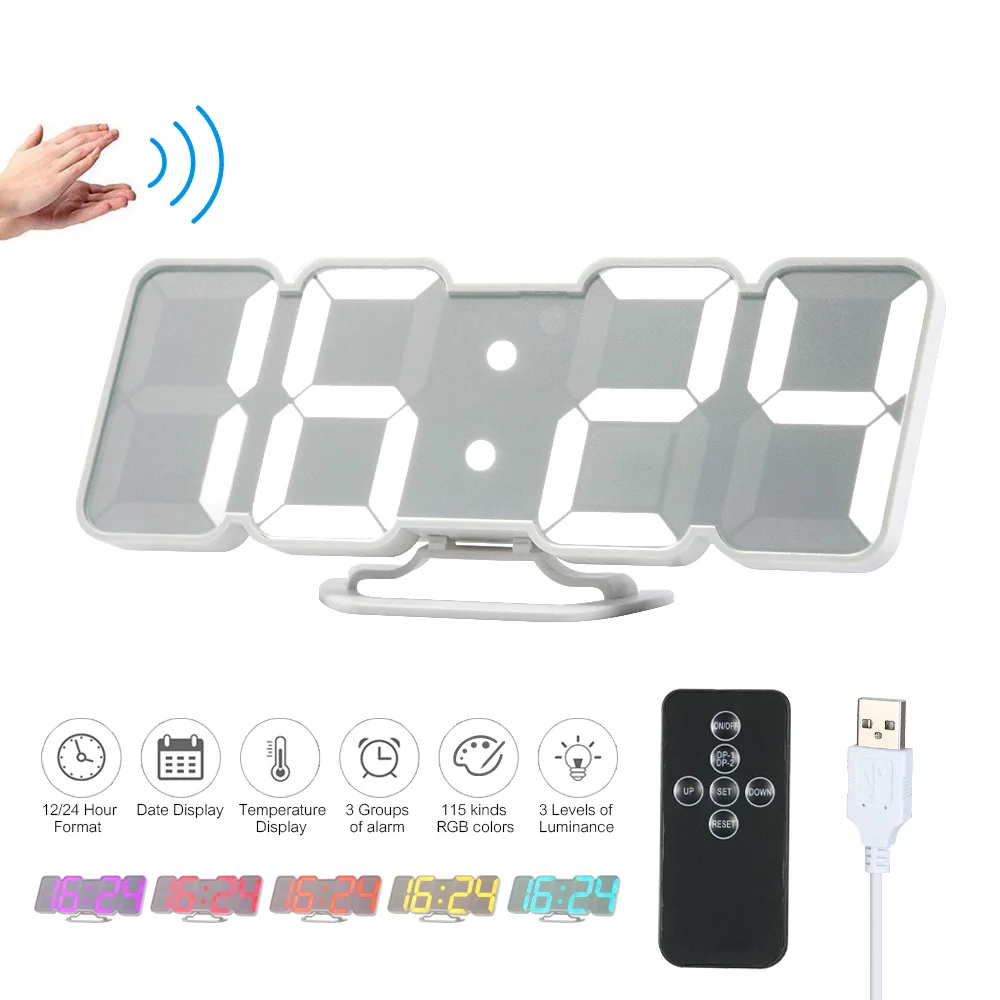 3D Wireless Remote Digital Alarm Clock USB Powered Temperature/Date Display RGB LED 3-Level Brightness Sound Control Wall | Дом и сад
