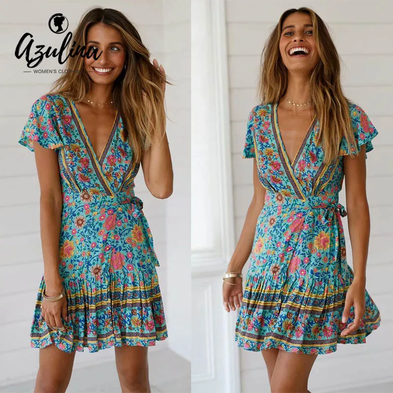 ZAFUL Летнее платье с цветочным принтом Повседневная V образным вырезом коротким