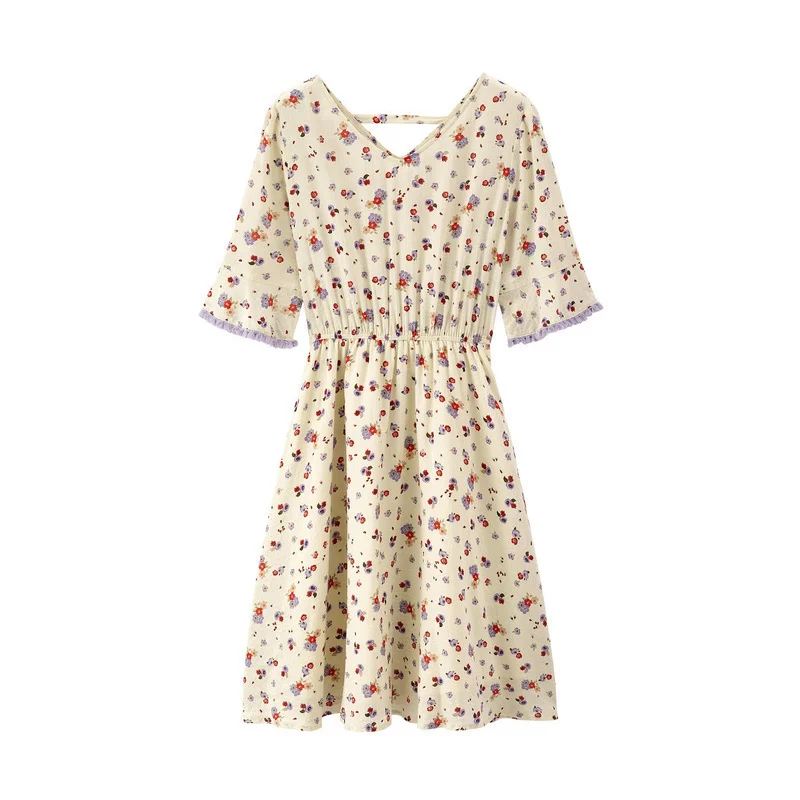 INMAN Summer Elegant Lace V-neck Floral Defined Waist A-line Flare Sleeve Young Girl Literary Women Dress | Женская одежда