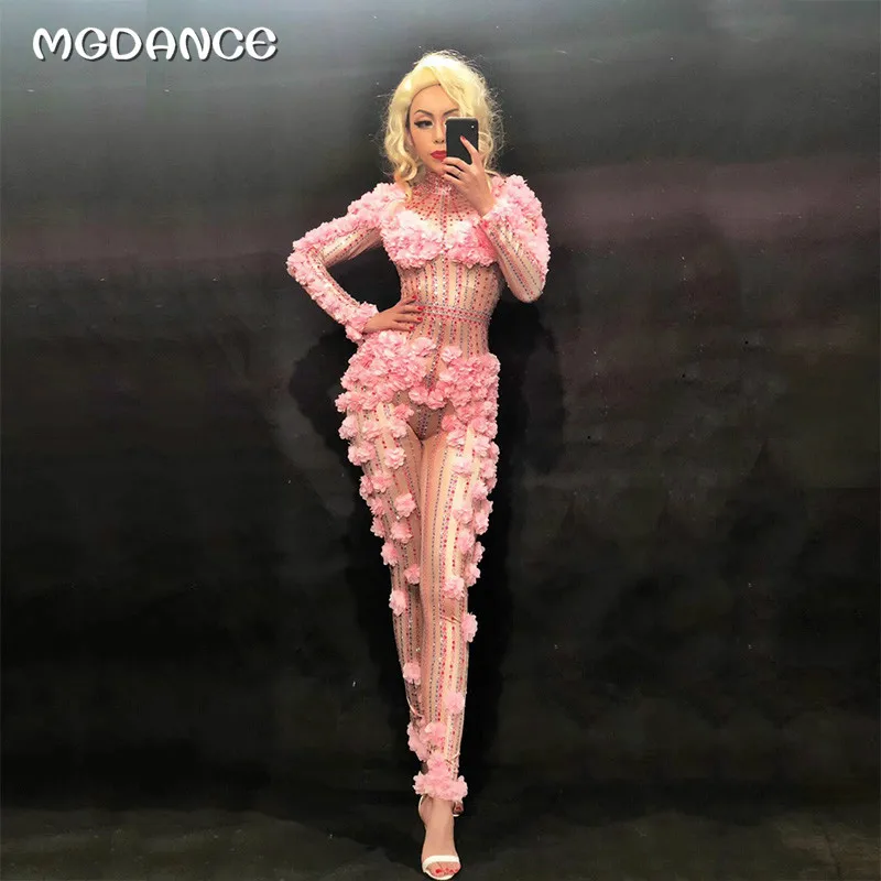 

Sexy Pink Flowers Spandex Big Stretch Rhinestones Jumpsuit Women's Sexy Bodysuit Costume Stage Dance Outfit Performance Rompers