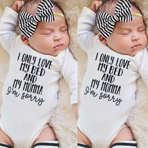 

2019 Newborn Baby Boy Girl Kids Funny Words Love Mom Romper Jumpsuit Clothes Outfits 0-18M