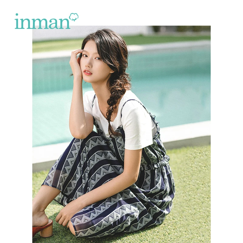 INMAN 2019 Summer New Arrival White O-neck Short Sleeve T-shirt Retro Lacing Dress Casual Women Two Pieces Suit | Женская одежда