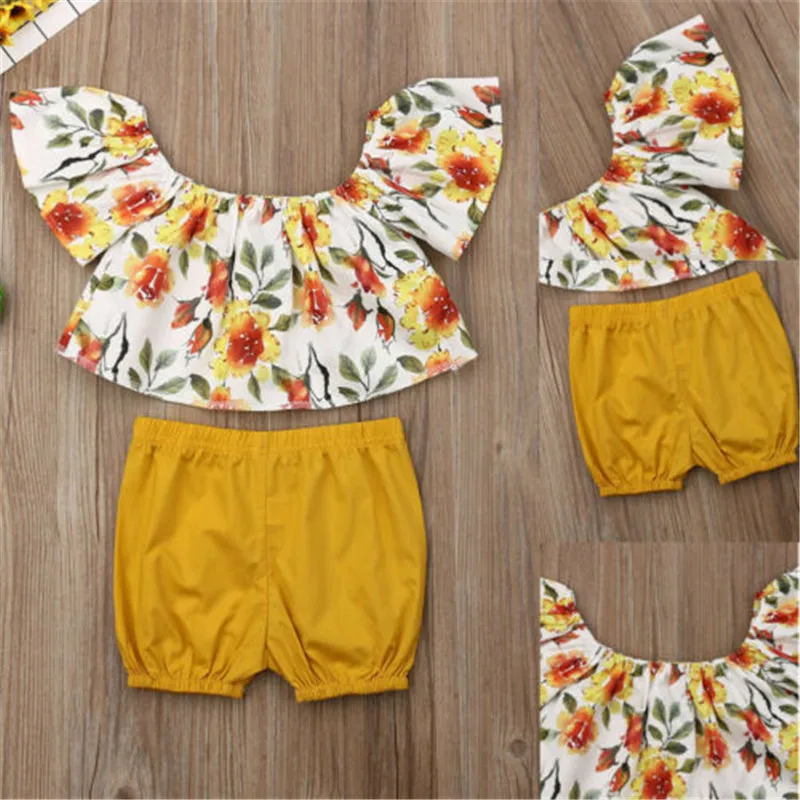 0-36M Baby Girls Clothes Set Off Shoulder Rompers Floral Print Sleeveless Shirts For Yellow Pants Child Newborn | Детская одежда и