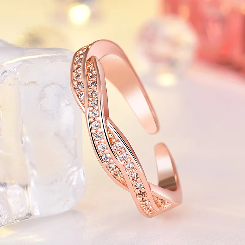Trendy Fashion Rings Plated Cubic Zircon Small Jewel for Women Twisted Adjustable Cuff Ring Wedding Girl Rose Gold Color | Украшения и