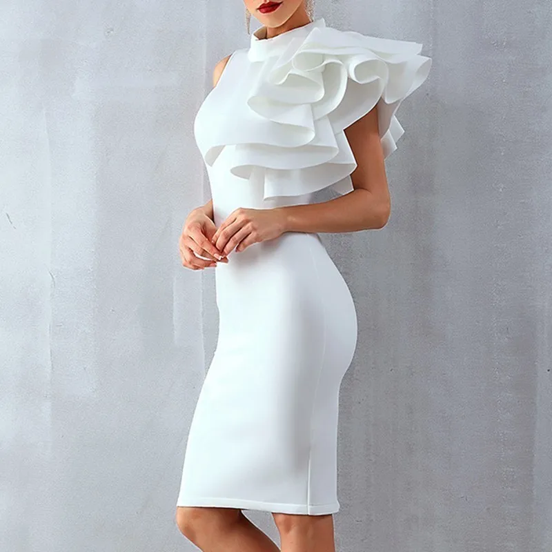 TWOTWINSTYLE Ruffles Off Shoulder Knee Length Dress Women Stand Sleeveless High Waist Bodycon Dresses Female Fashion 2020 Spring | Женская