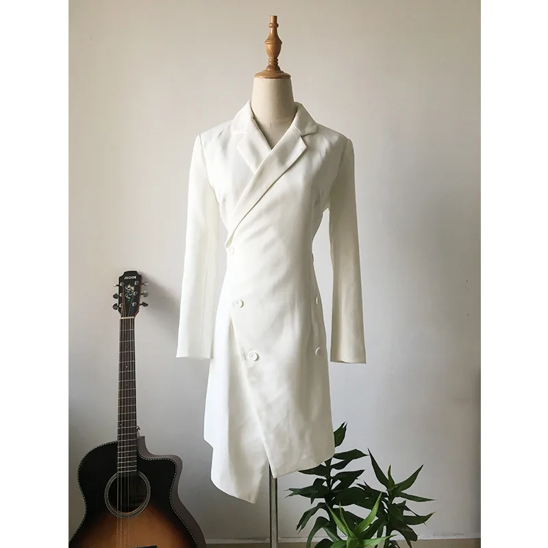[EWQ] 2019 summer new Notched Neck long sleeve Solid color Asymmetrical loose Fashion trend women's sexy casual dress QH20501S | Женская