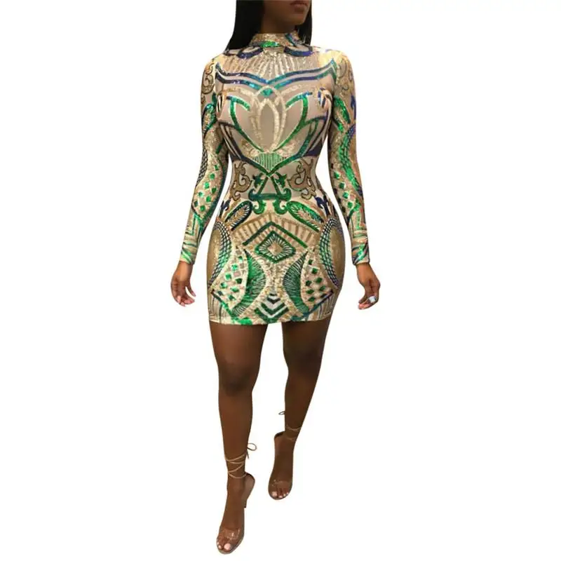 Мода абрикос блёстки с длинным рукавом клуб платье Великолепная водолазка Bodycon
