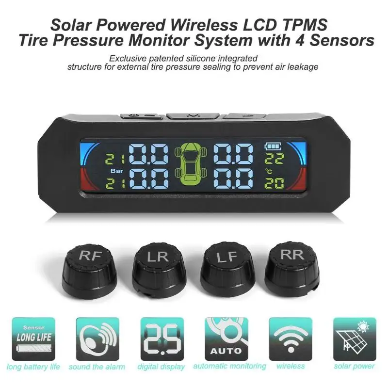 Солнечный цветной ЖК TPMS беспроводная автомобильная система контроля давления в
