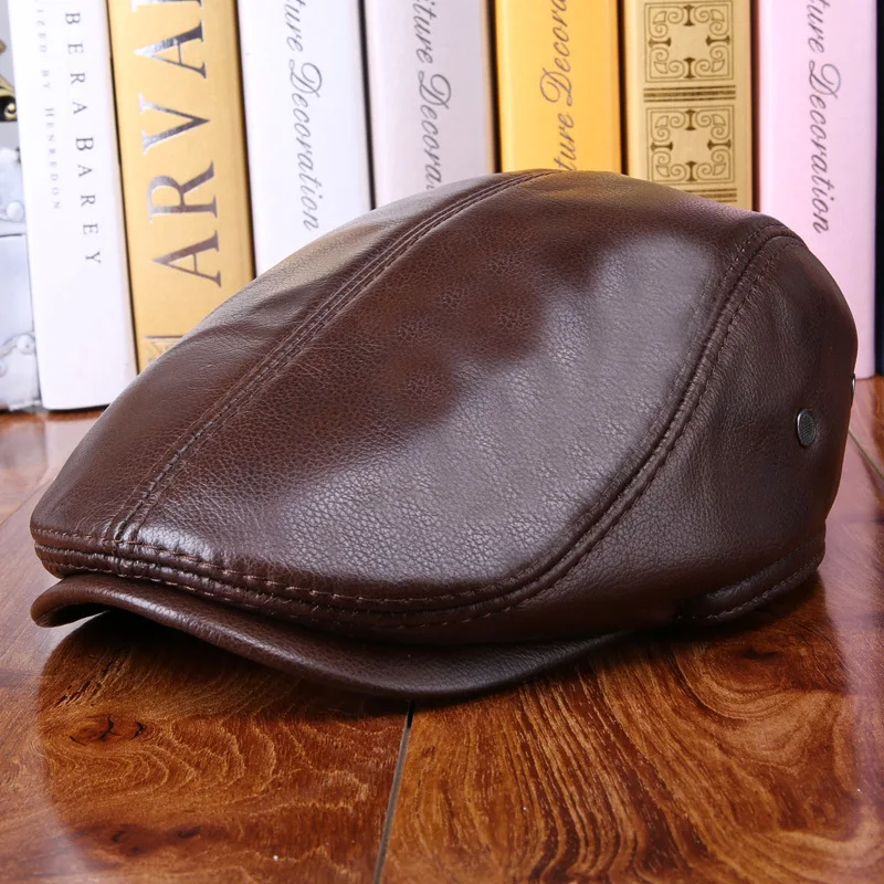 Кожаная шапка из воловьей кожи Кепка с козырьком Зимние теплые наушники мужские