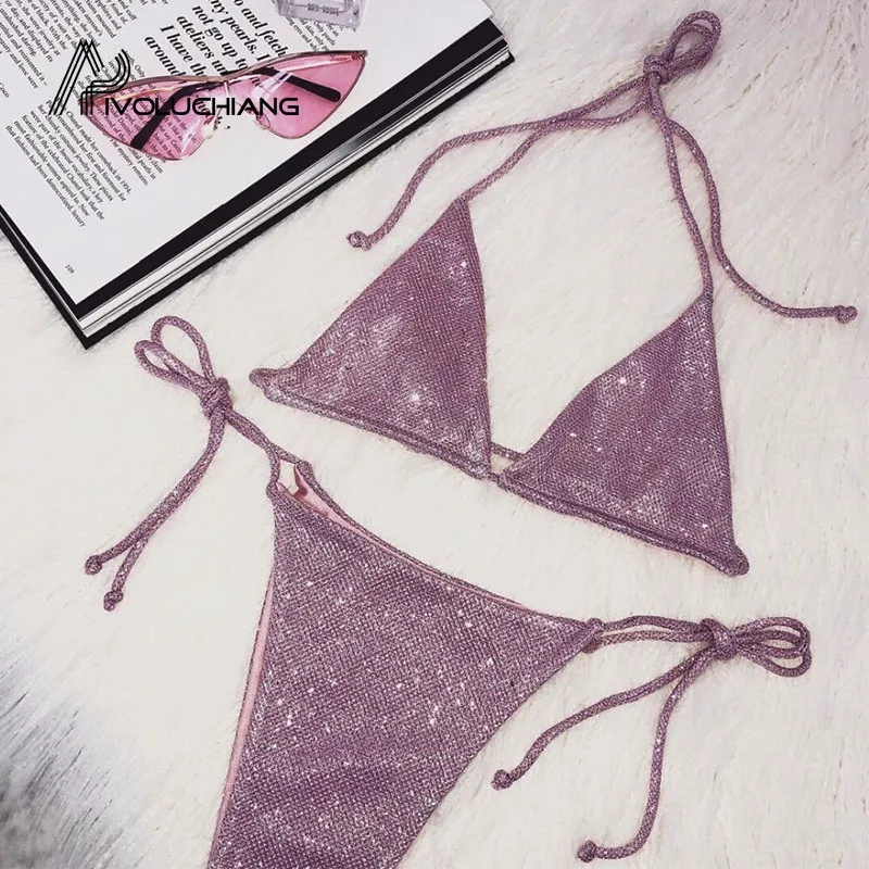 Shiny Brazilian Micro Bikini Thong Bandage Sexy Swimsuit Female Bathers Halter Triangle Swimwear 2019 Push Up Bathing Suit Beach | Женская