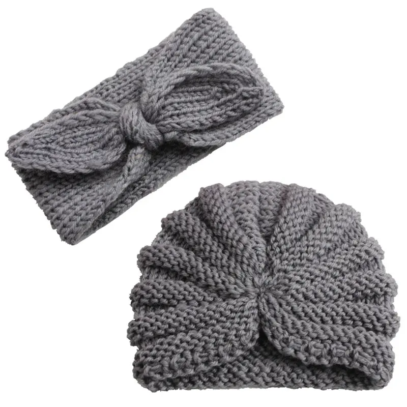 Baby Girl Hat Newborn Cap Infant Headband Toddler Kids Turban Cotton Beanie Kitting Bonnet Hairband Winter Crochet 2pcs 0-5T | Детская