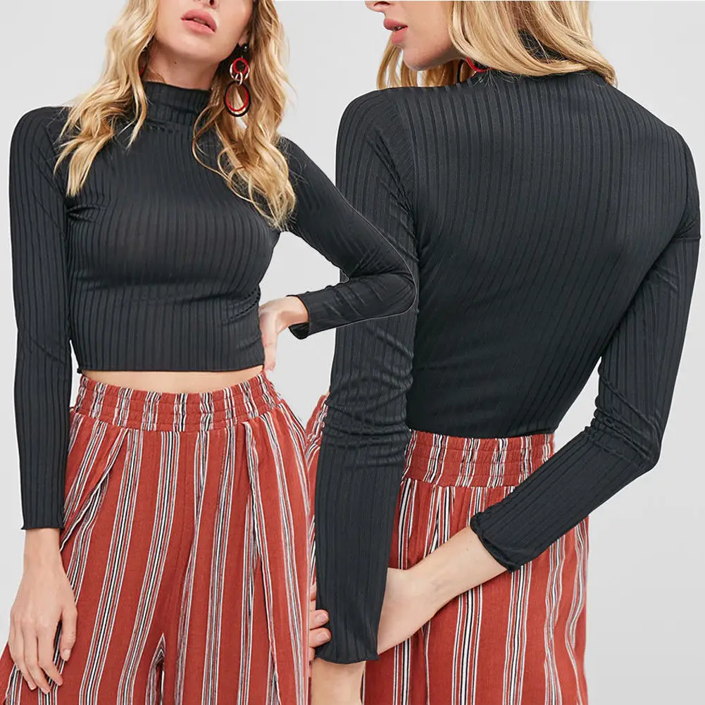 New Womens Ladies Long Sleeve Stretch High Turtle Neck Knitted Crop Top T Shirt Short Tops Tee Shirts | Женская одежда