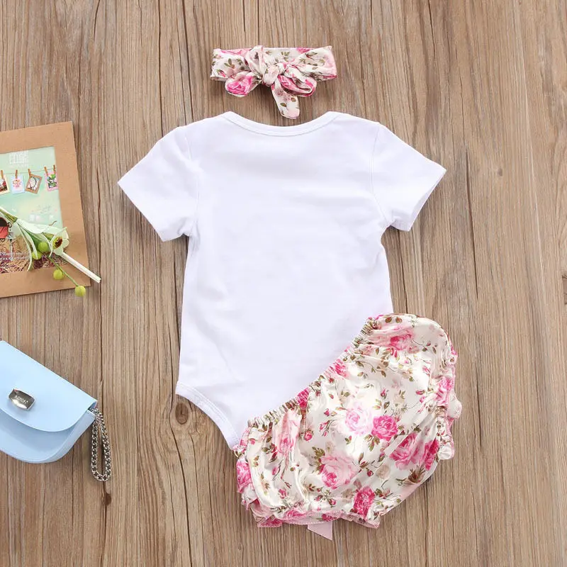 

Toddler Baby Girls Cotton Clothes Set 3Pcs Baby Girl Print Short Sleeve Romper Bodysuit+Shorts Pants and Headband Summer Outfits