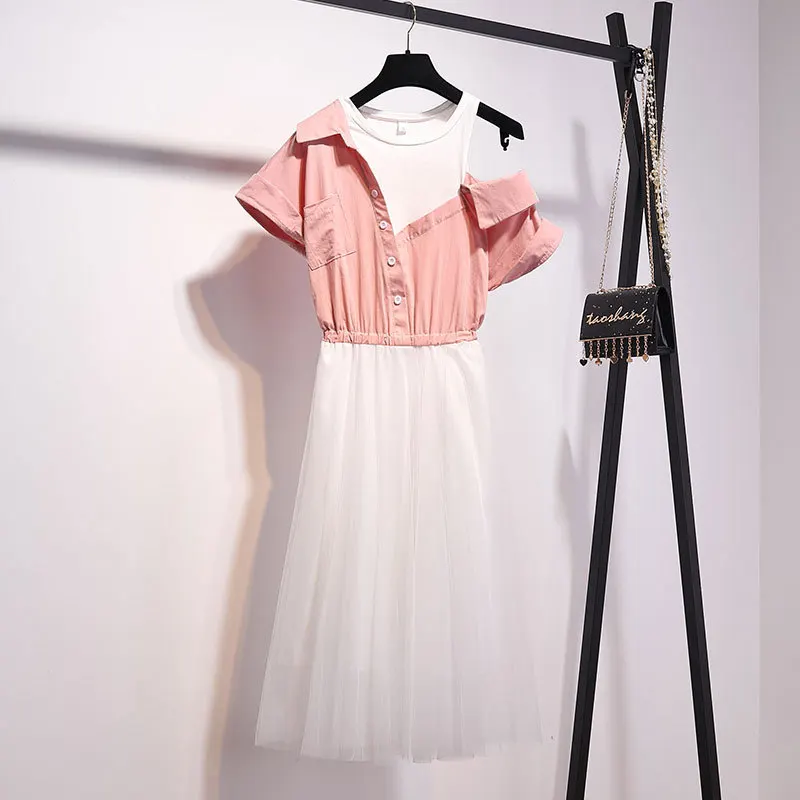 

ICHOIX elegant mesh long shirt dress Off shoulder women summer dress Korean girl casual A Line slim waist patchwork beach dress