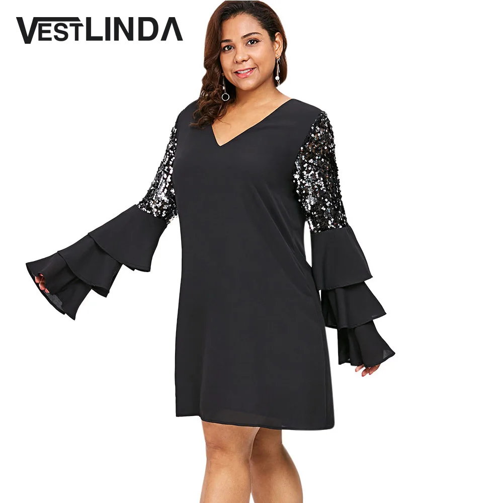 VESTLINDA платье с расклешенными рукавами и V образным вырезом женские прямые мини