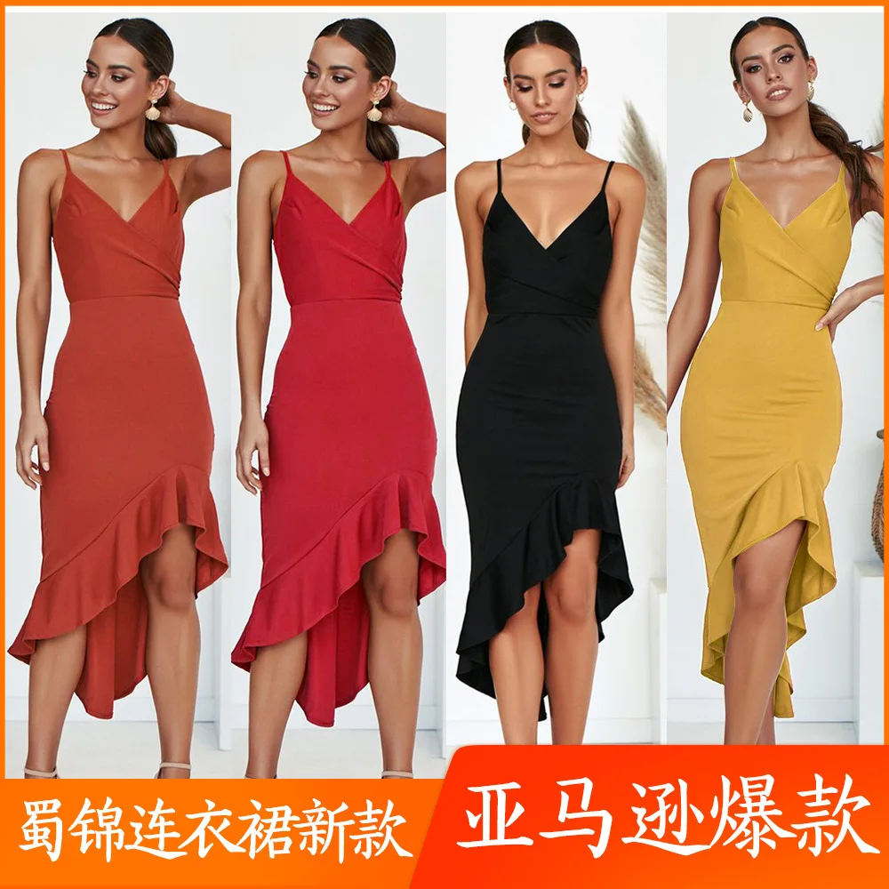 Женское платье на бретельках с глубоким v образным вырезом в европейском и