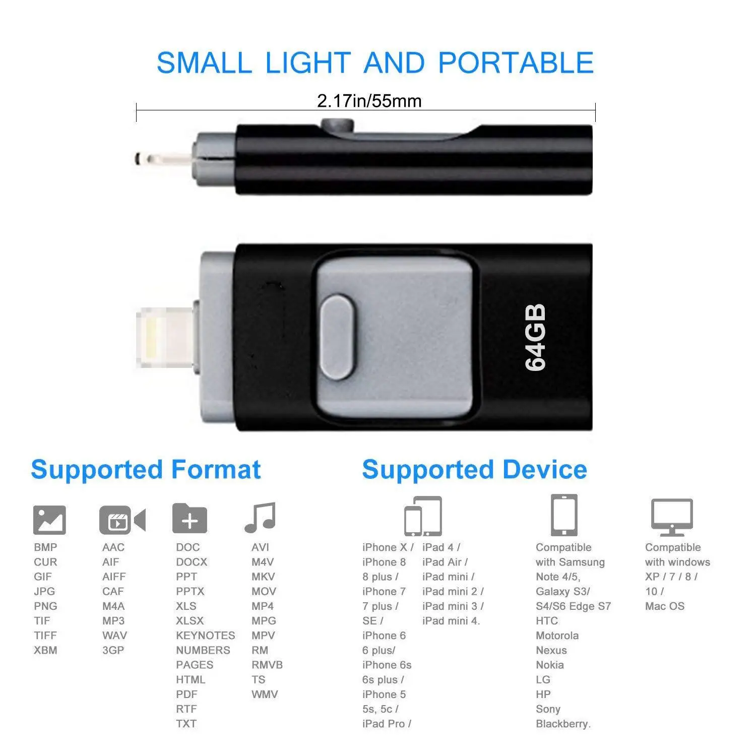 Телефон USB флешка 64 ГБ 3in1 OTG iPad Memory Stick iOS External Storage Expansion для Android ПК Ноутбуки (черный)|USB флэш-накопители| |