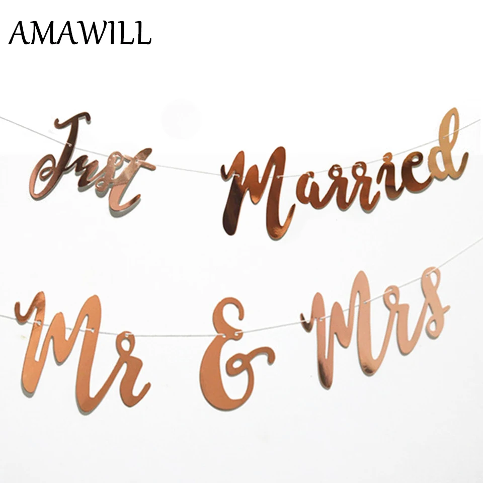AMAWILL 1 шт. розовое золото баннеры только что женился Mr & Mrs Свадебные украшения