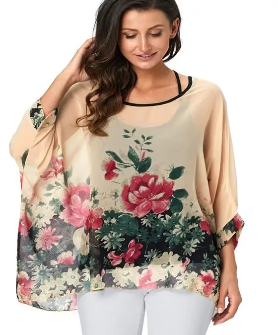 

Baharcelin 5XL 6XL Summer Blouse Batwing Sleeve Casual Women Blouse Printed Floral Chiffon Top Clothing for beach vacation