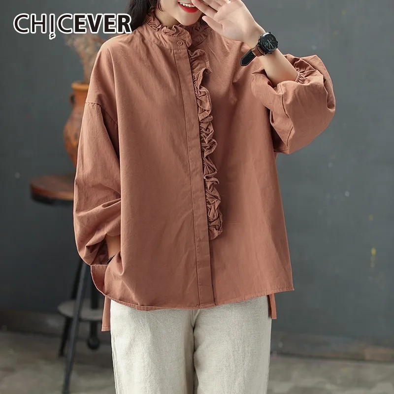 Женская блузка CHICEVER хлопковая льняная с рукавом-фонариком и гофрированным