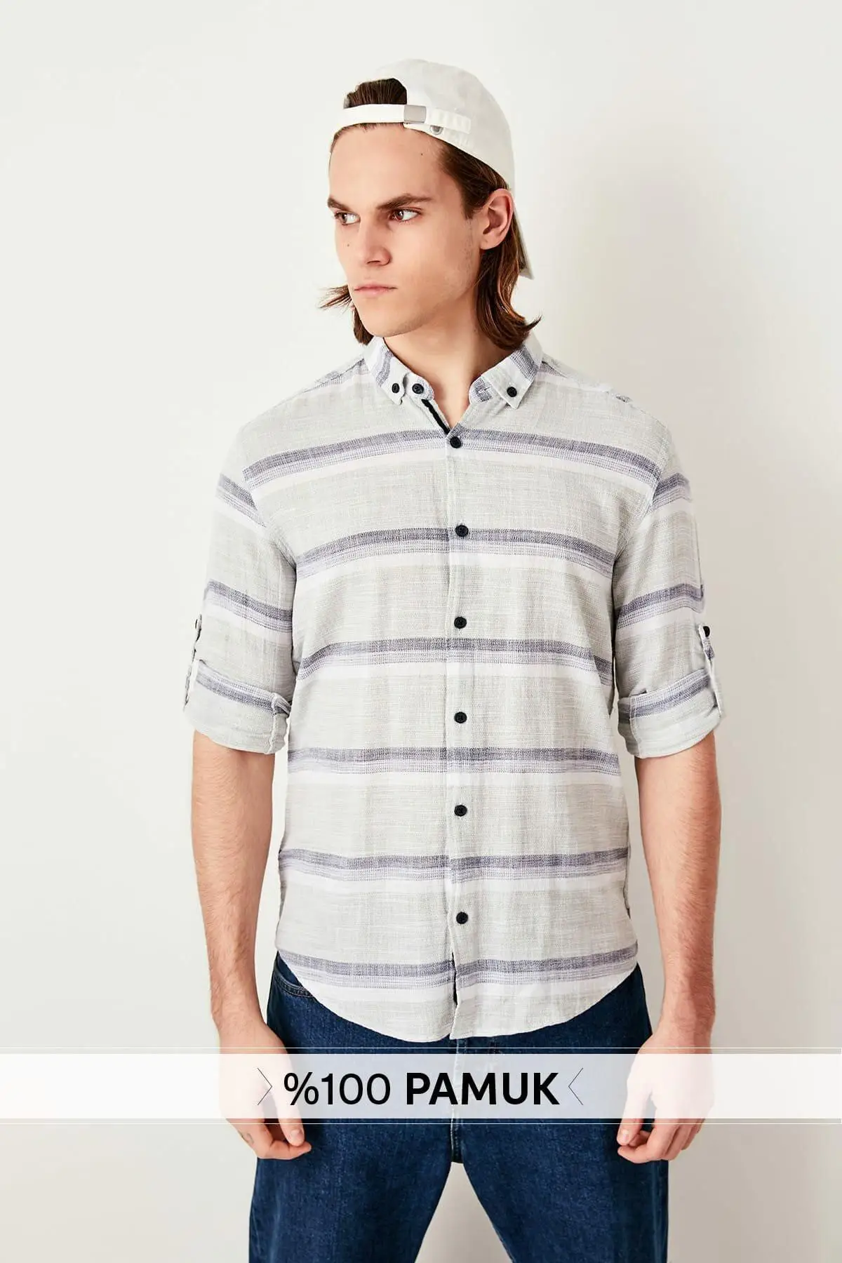 Trendyol хаки мужская полосатая погоны Кнопка Воротник Slim Fit рубашка TMNSS19RS0031 |