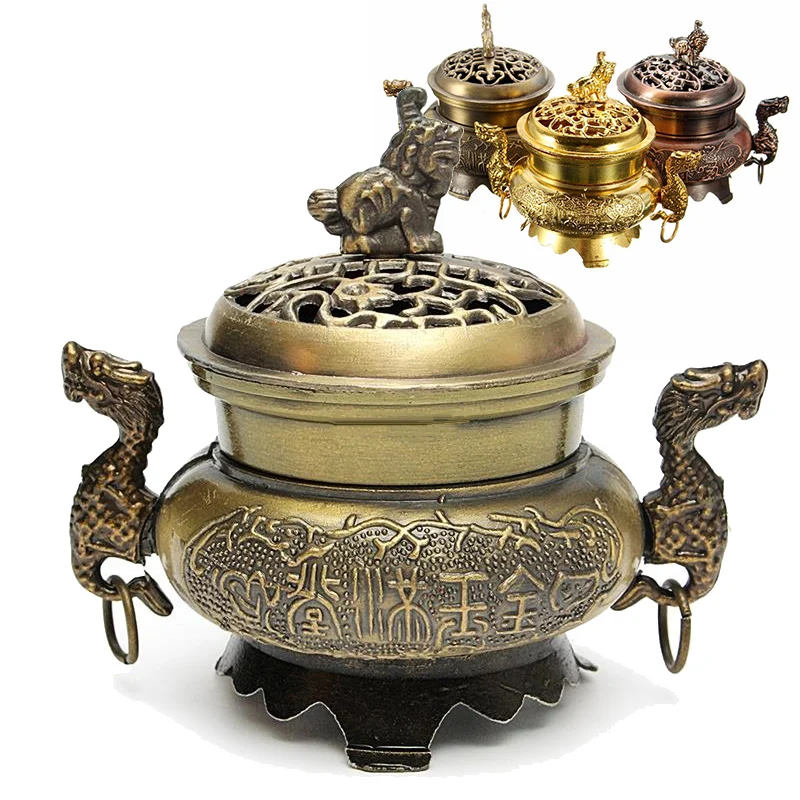Alloy Incense Burner Double Dragon Type Hollow Cap Censer Cone Holder Decoration | Burners