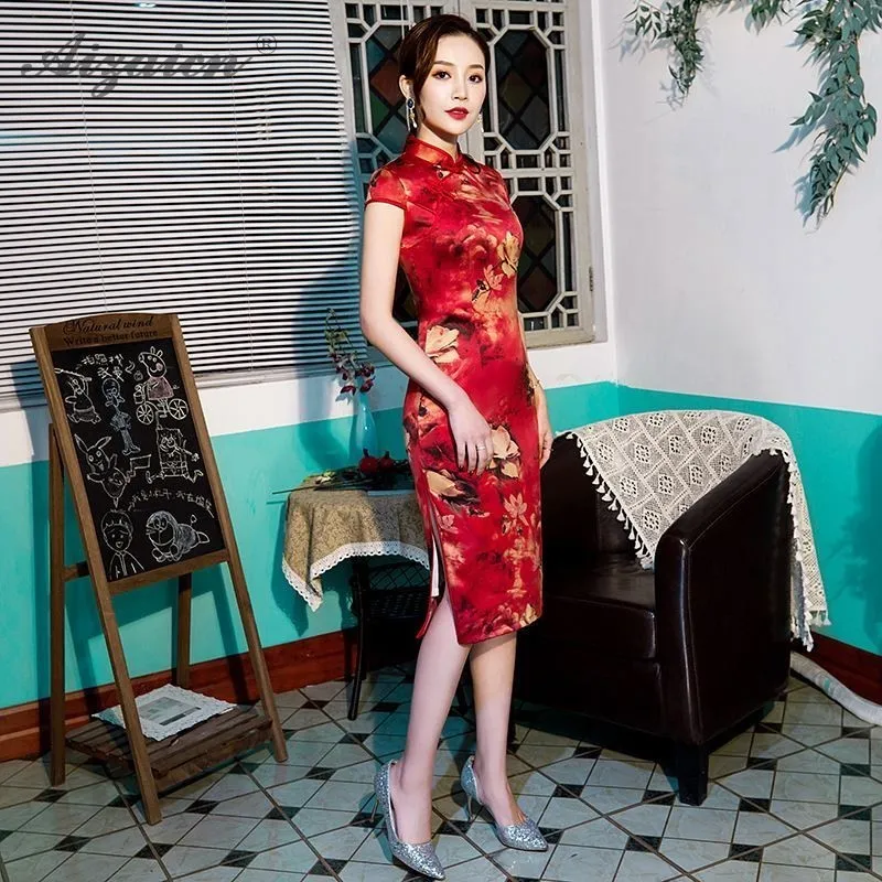 Fashion Red Cheongsam Long Double Layer Mother Dresses Chinoise Vintage Gown Qi Pao Women Chinese Traditional Clothing Dress |