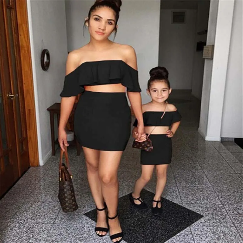 2019 Brand Family Matching Fashion Clothes 2Pcs Outfit Mother Daughter Women Kids Girl Ruffle Shirt Tops High Waist Skirts Set | Мать и