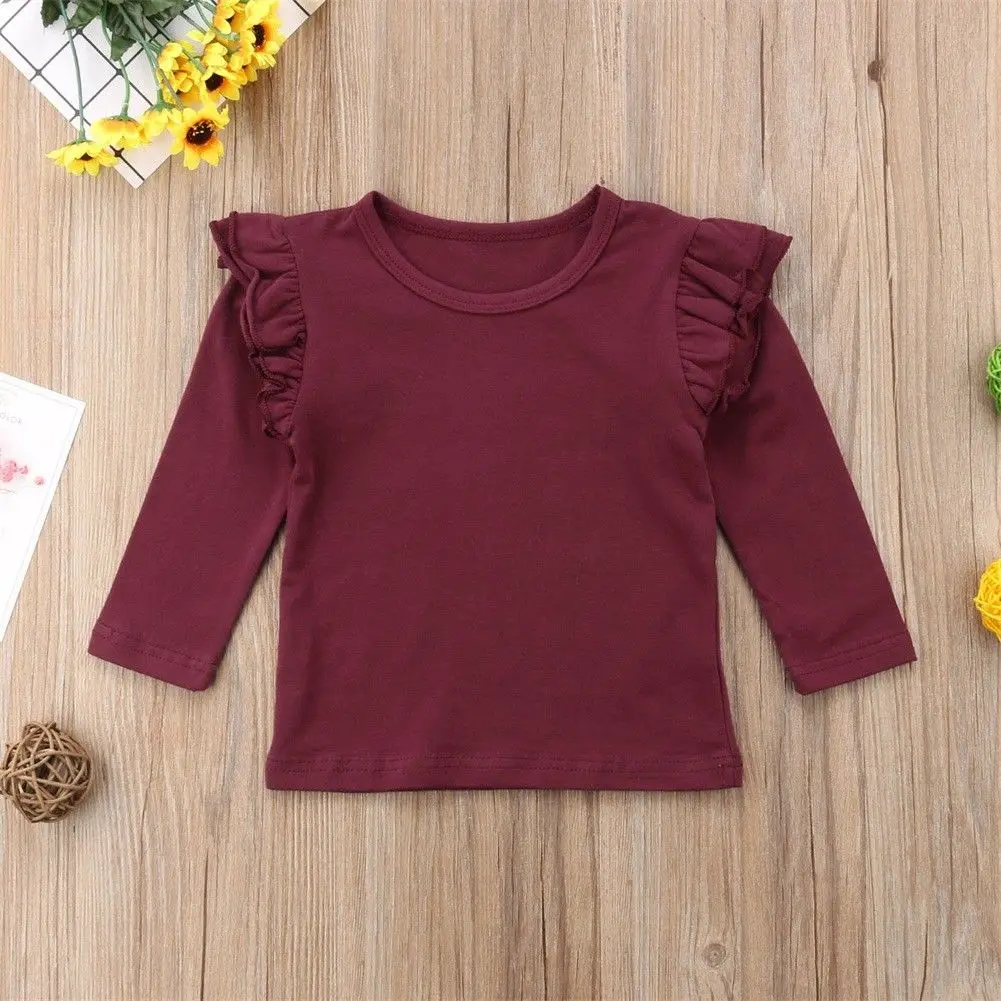 Однотонная хлопковая футболка с длинными рукавами и оборками для маленьких