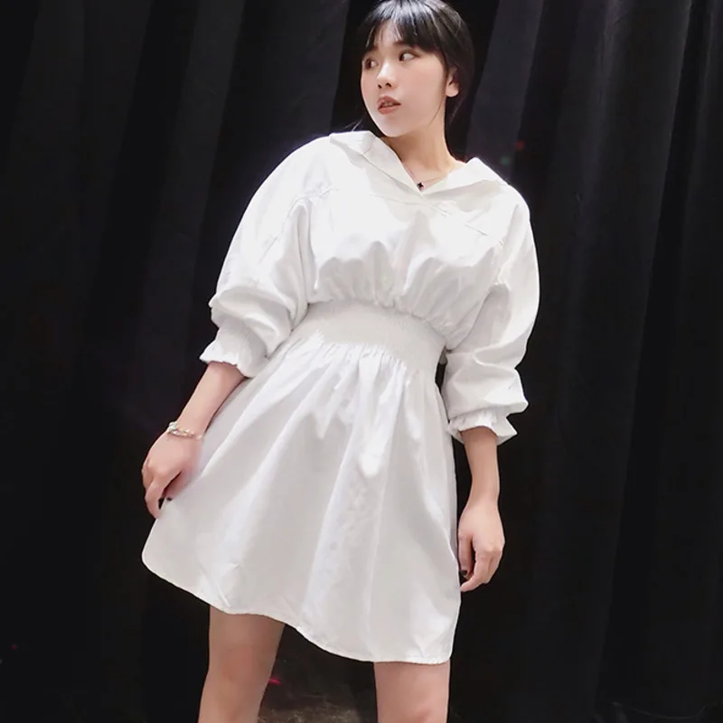 DEAT 2020 new turn-down collar full sleeves high waist A-line knee-length dress puff korean girl's clothing female WD69800 | Женская