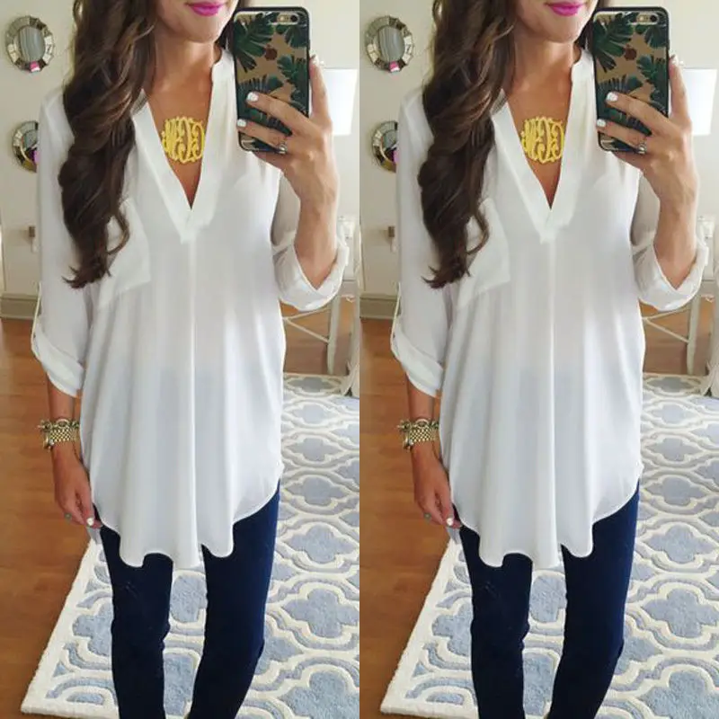 

Blusas Femininas 2019 Sexy Women See Through Chiffon Shirts Long Sleeve Pocket Casual Blouse Tops Plus Size S-XXL