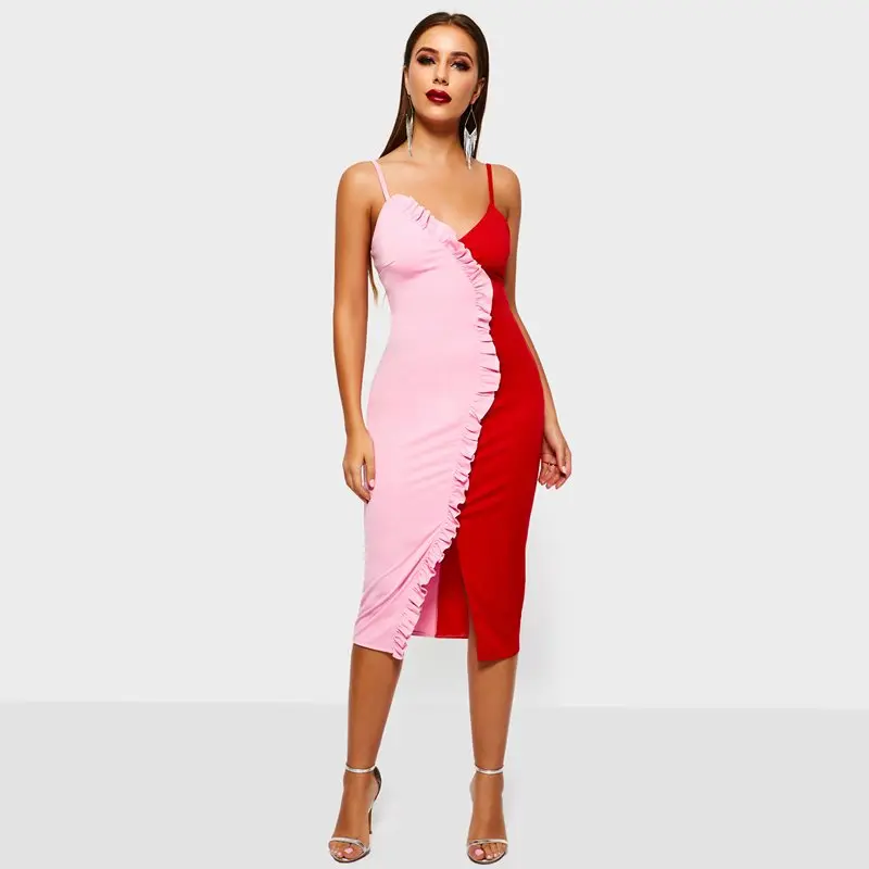 Для женщин Сексуальная ремень Bodycon платье Элегантный шик лоскутное розовый