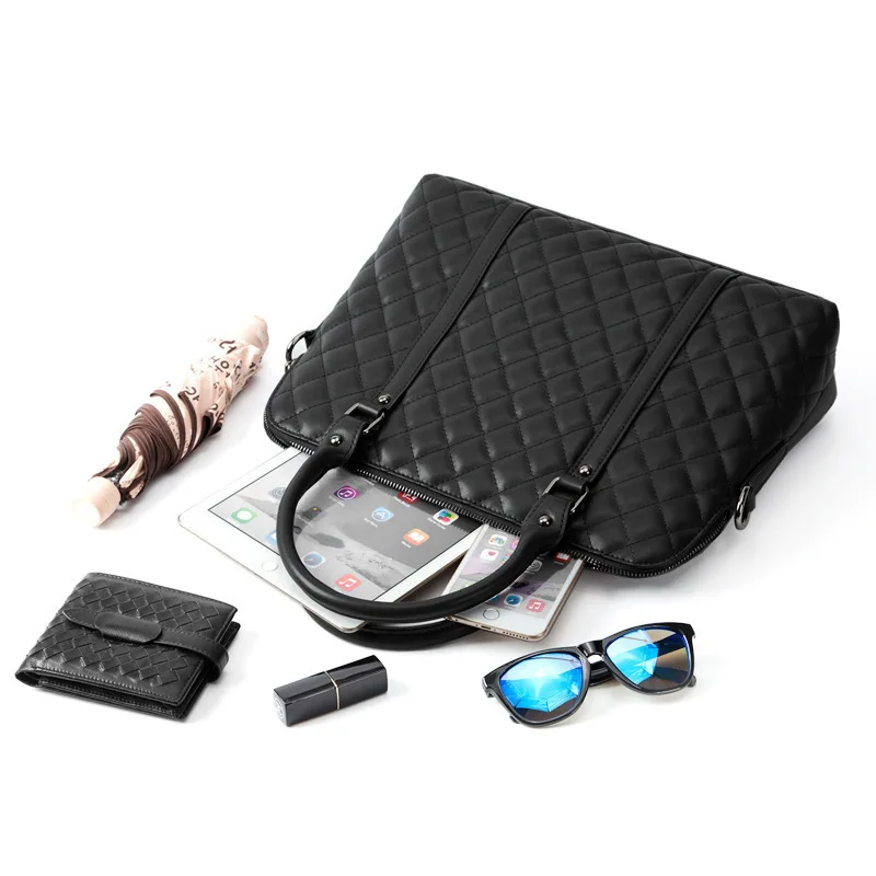

Black Genuine Leather 14 Inch Laptop Bags Women Handbag Briefcase Bag Female Cow Leather Diamond Lattice Bag For Macbook Air HP
