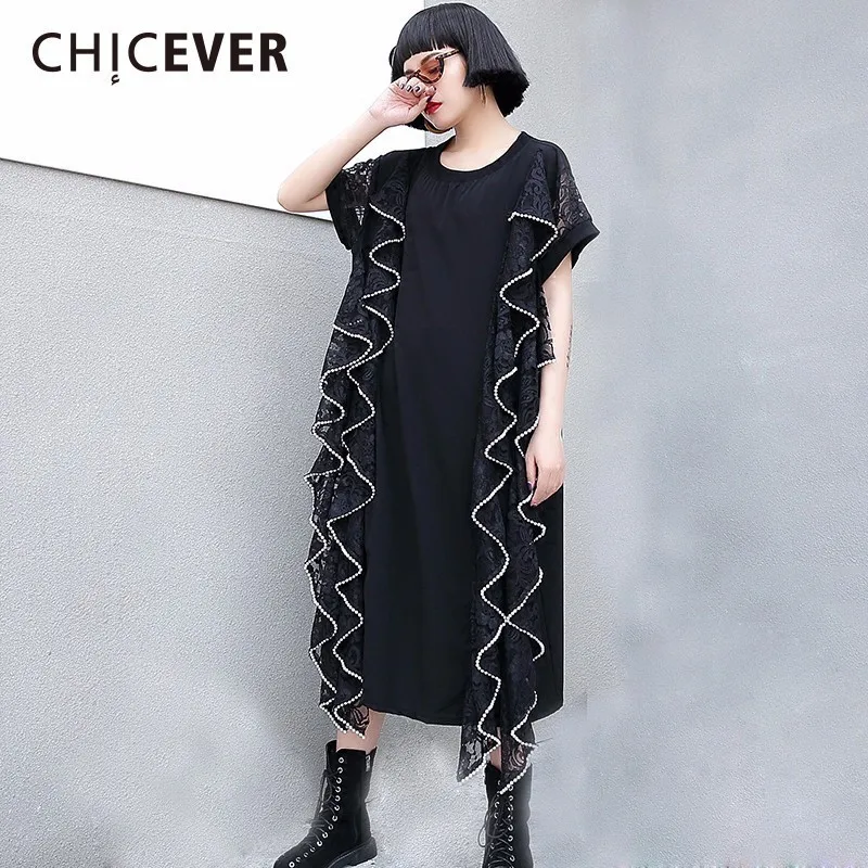 Летние черные платья CHICEVER для женщин повседневное кружевное женское платье с