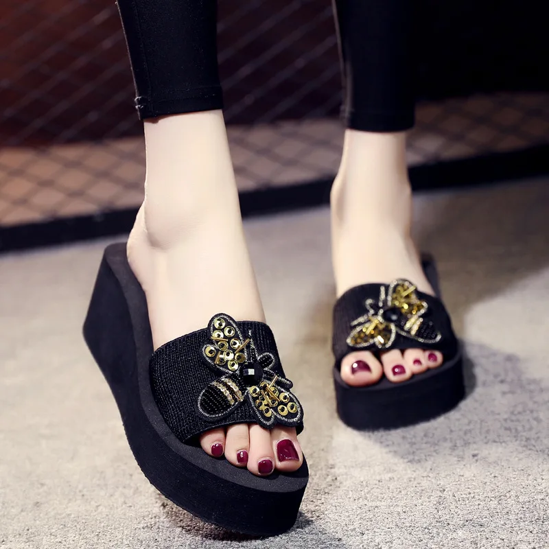 

2019 Summer European Bee Sequined Wedges Non-slip Thick-soled Sandals High Heel Women's Slippers Women Shoes Flip Flops