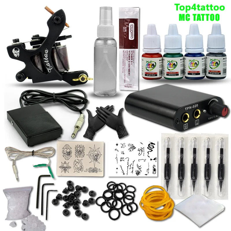 

Complete Tattoo Machine Kit Set 1 Coils Guns 4 Colors Black Pigment Sets Power Tatoo Beginner Tattoo Kit Permanent Make