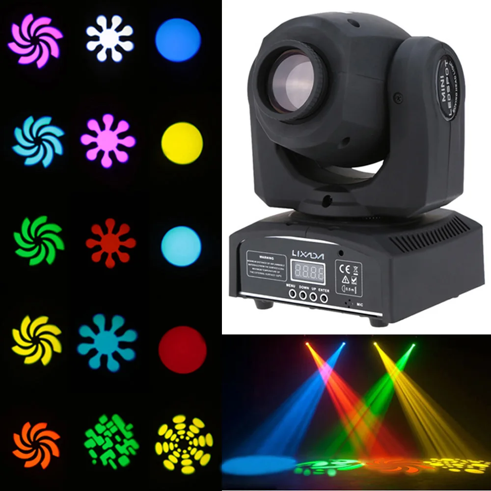 

8 Colors Party Disco Show 9/11 Channel 25W Disco Party Light DMX512 Mini Moving Head Light LED Stage Light with Shapes Automatic