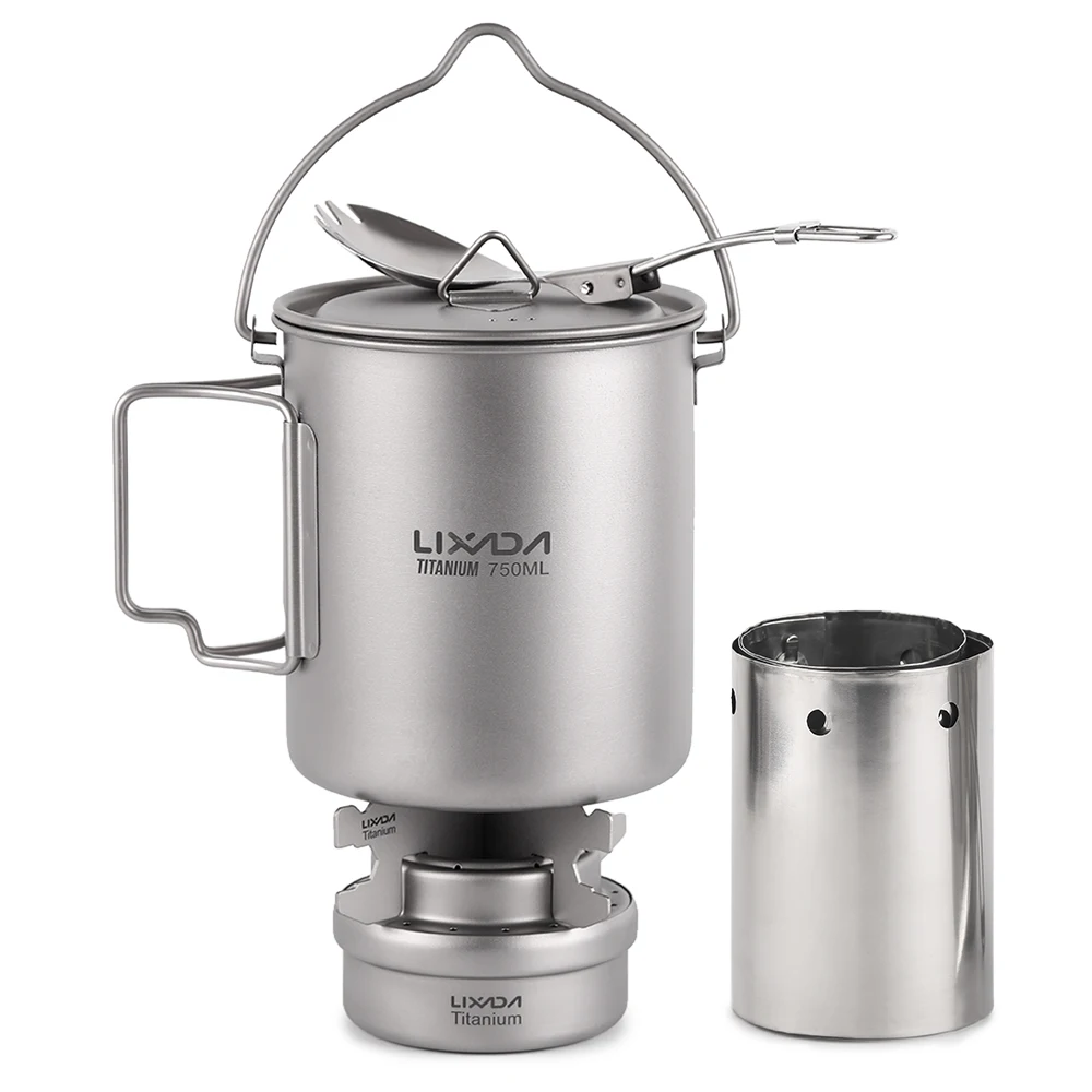 

Outdoor Hiking Picnic 5pcs Camping cookware 750ml Pot Alcohol Stove Cross Stand Rack with Foldable Spork and Windscreen