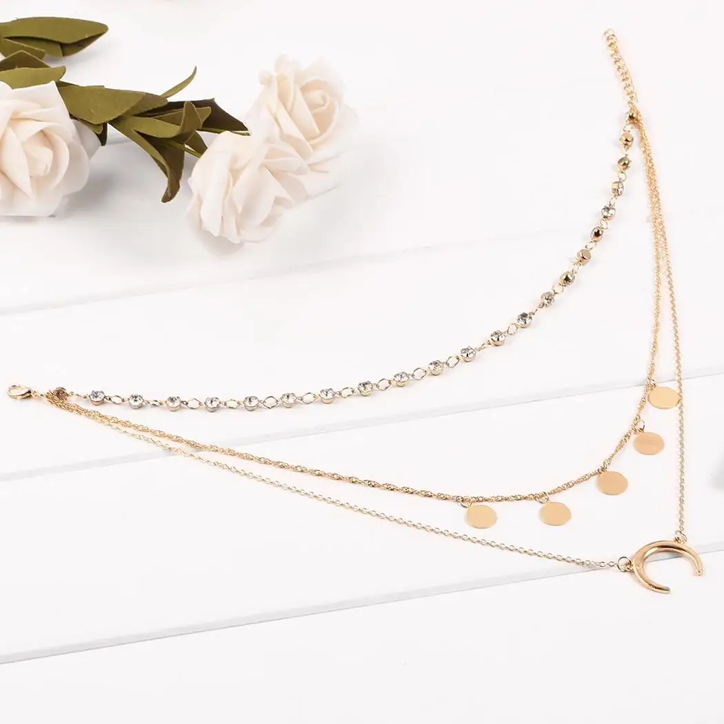 Для женщин Jewelry слоистых Луна блесток кулон горный хрусталь цепь колье Цепочки и