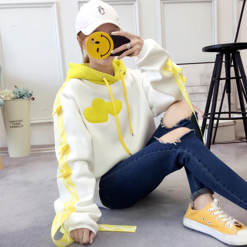 Женская толстовка с вышивкой в виде сердечек Harajuku очень Длинная лентами ярких