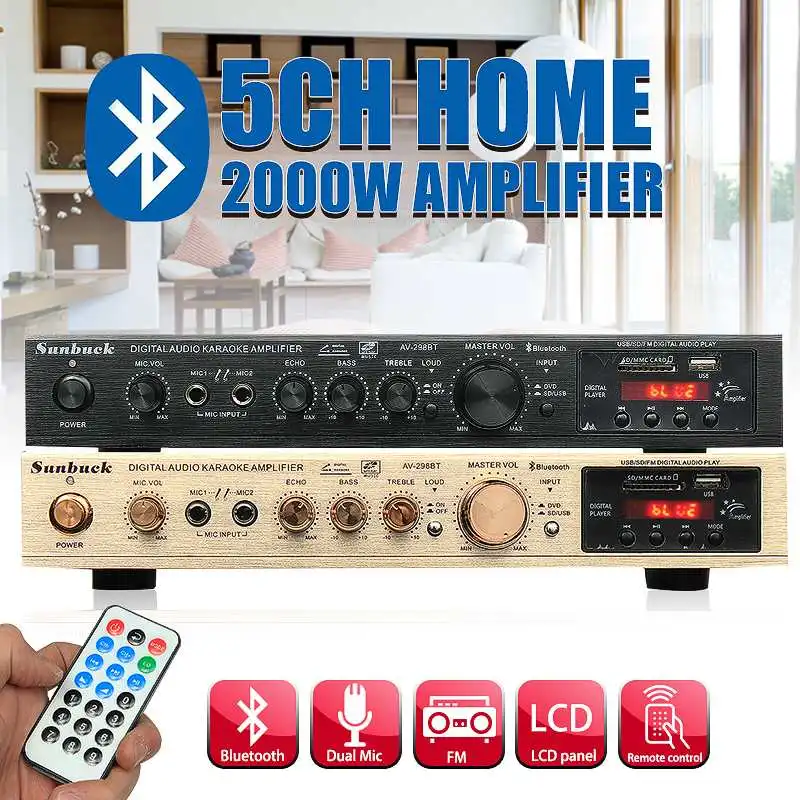 Bluetooth 298BT усилитель мощности с ЖК-дисплеем аудио HiFi 800 Вт 220 В-240 В 50 Гц 5CH домашний кинотеатр FM радио Поддержка SD/USB