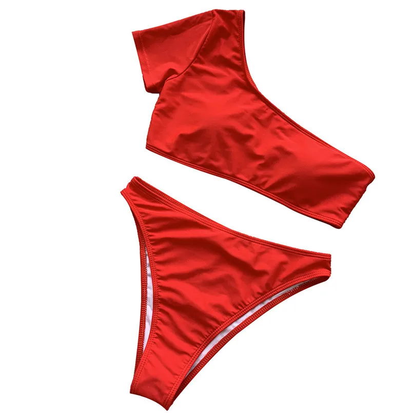 Сексуальное бикини на одно плечо с высокой талией красный купальник из двух