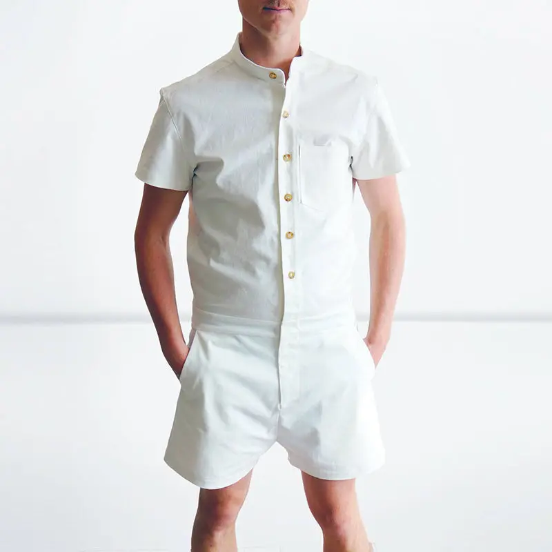 

New Hot Sale Mens One-Piece Cotton Blend Jumpsuits Short Sleeve Cargo Work Pants Summer Coat