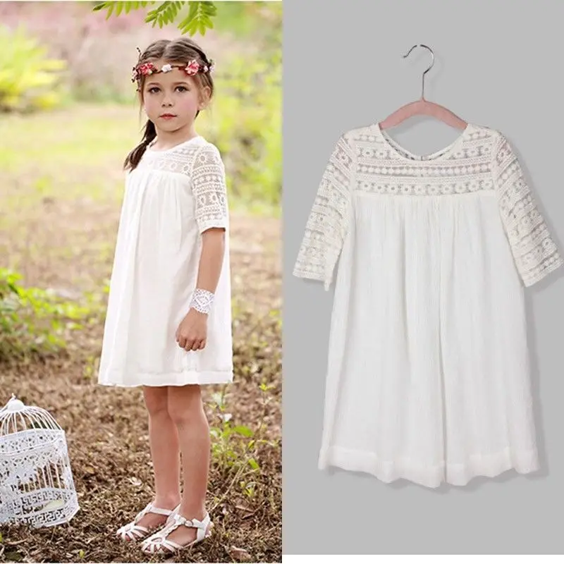 New 2018 Pudcoco Children Kids Baby Girls White Lace Floral Knee-Length Short Sleeve Party Dress Gown Dresses Casual 2-9Y | Детская