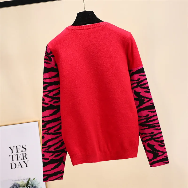 2019 Spring Vintage Women Tiger Print Knitted Sweaters Pullovers Runway Long Sleeve Female Streetwear Sweater Jumper Clothing | Женская