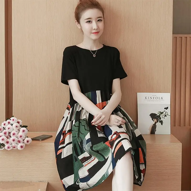 

MISSKY Women Summer Dress Matching Colot Fashion Printing Splice Loose Short Sleeve Round Collar A-line Dress Female Clothes