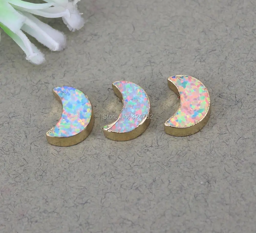 5pcs Gold Metal Blue White Opal Crescent Shape Connectors beads Opals Horn Pendant Moon Bead For Making Jewelry | Украшения и